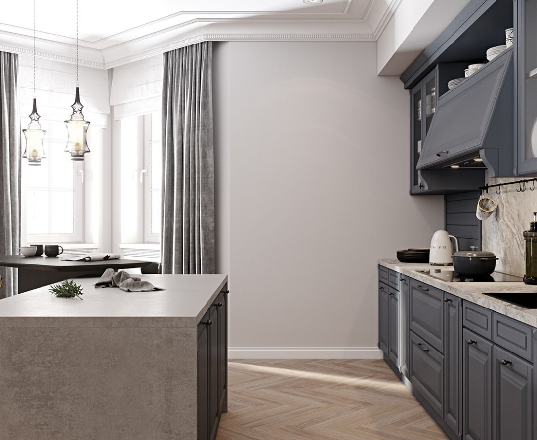 Кухонная мебель серого цвета угловая встроенная из натурального дерева на заказ в неоклассике Верано от производителя