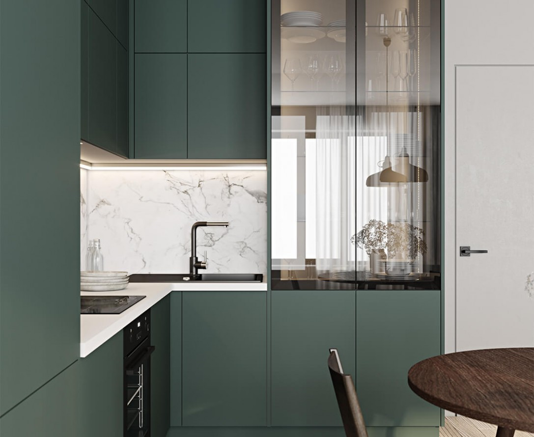 Кухонный гарнитур в стиле лофт зеленый угловой дизайнерский МДФ минимализм под заказ БОСТОН