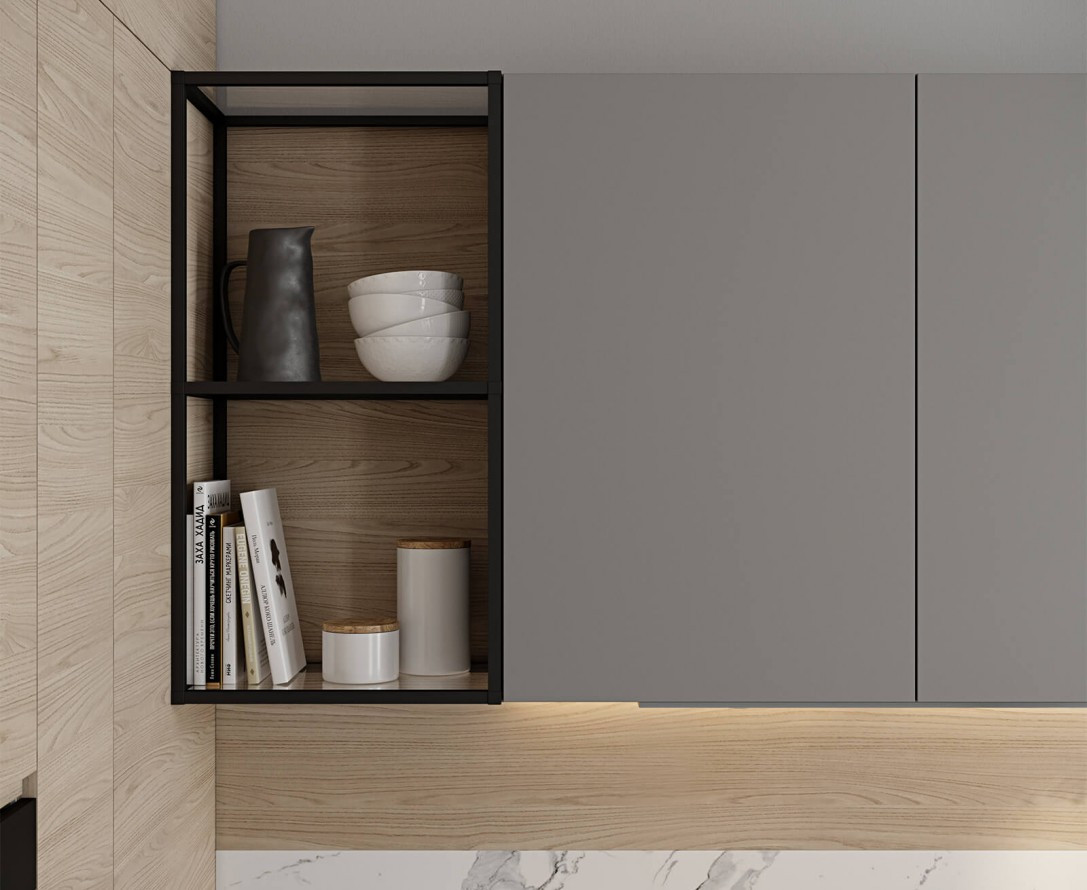 Кухня серого цвета большого размера встраиваемая на заказ в минималистичном стиле НОРД