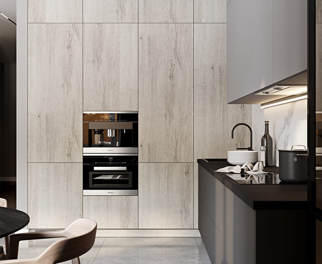 Кухня серого цвета минималистичная прямая встроенная под заказ МУССОН