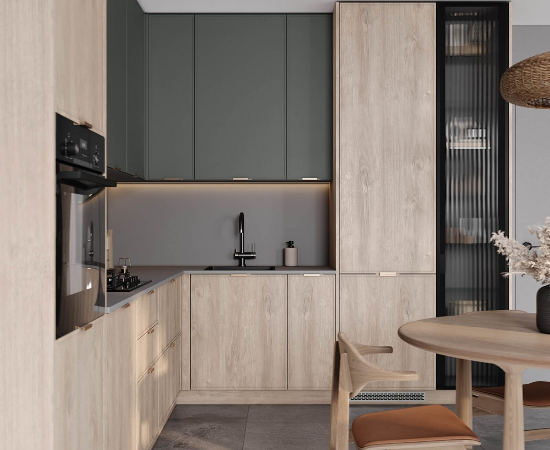 Светлая угловая кухня из МДФ в минималистичном дизайне Хаген на заказ от производителя