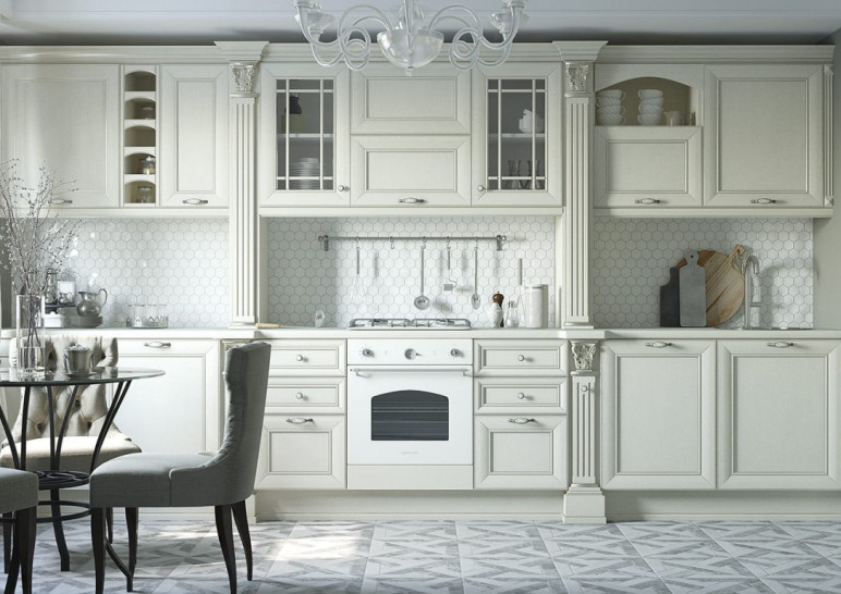 Кухня белого цвета прямая классическая из массива дерева под заказ Амато