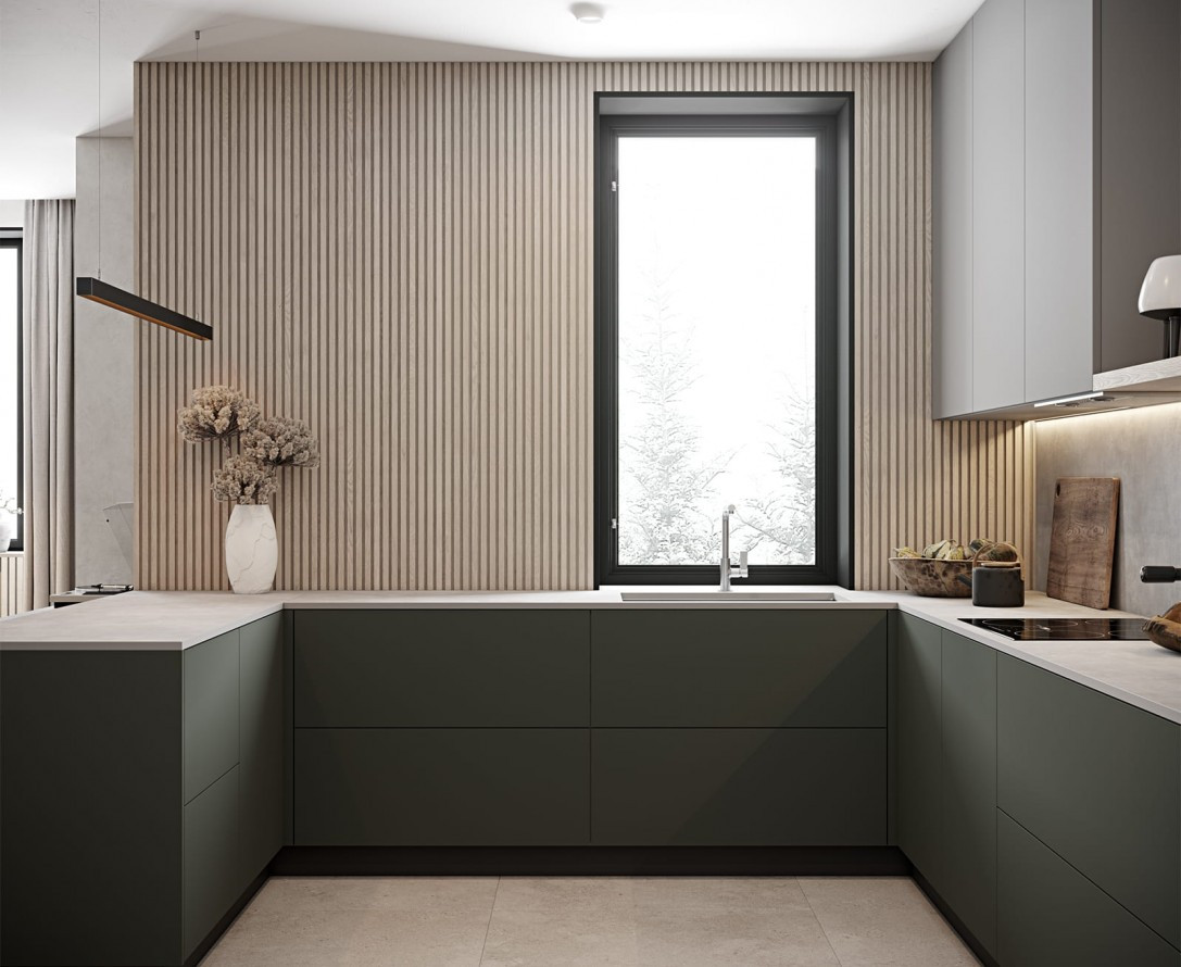 Кухонный гарнитур большого размера серого цвета в стиле лофт П-образный матовый с островом минимализм УРБАН под заказ