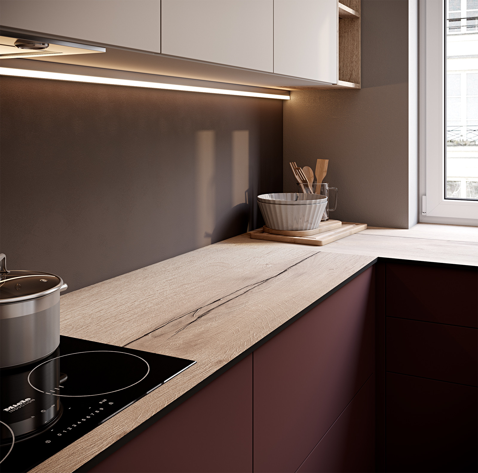 Встроенный кухонный гарнитур маленький П-образный в стиле минимализм на заказ СИЕНА