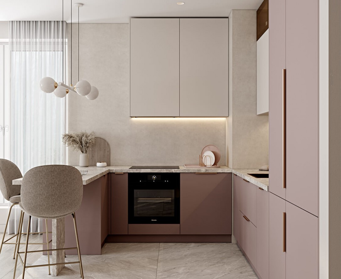 Кухонная мебель встраиваемая розовая п-образная в стиле минимализм под заказ ДЭЙЗИ