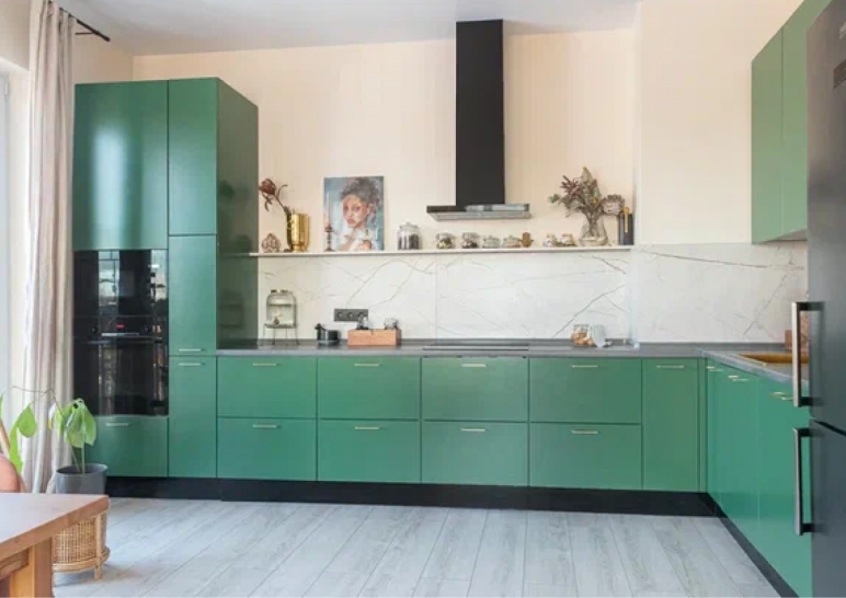 Зеленая угловая модерн кухня МДФ Нефрит от производителя под заказ