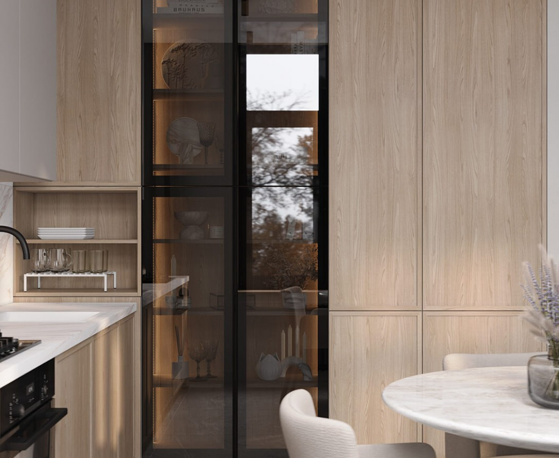 Кухонный гарнитур серого цвета для маленькой кухни угловой из массива дерева и акрила ВАЛЕТТА в стиле модерн на заказ от производителя