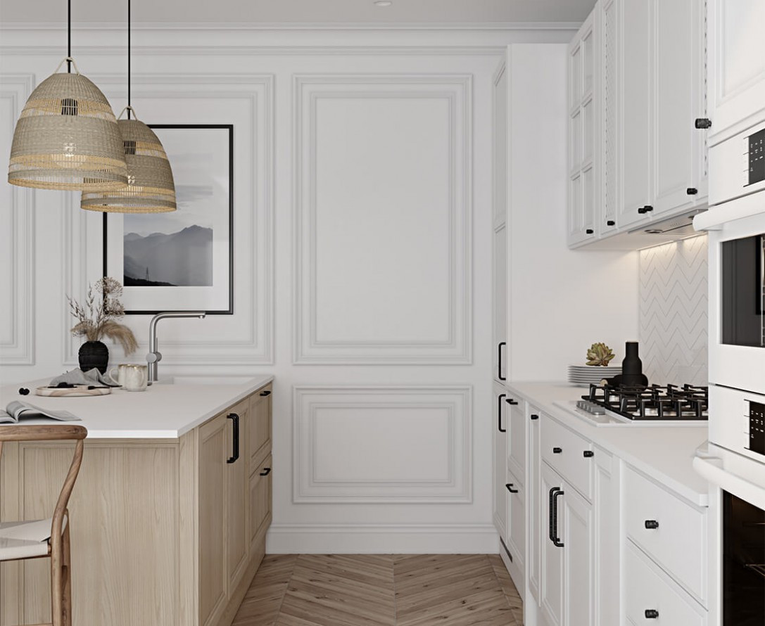 Кухонная мебель белого цвета классическая встраиваемая на заказ Т709 ФОРТВУД