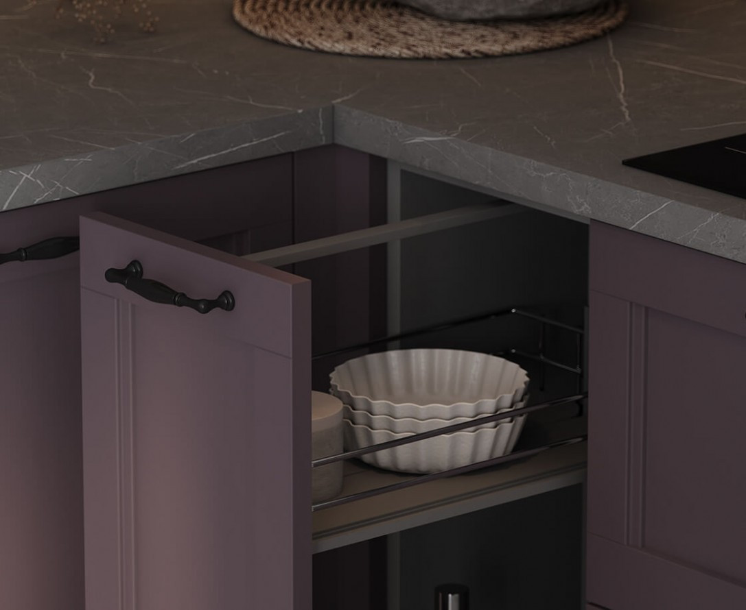 Кухонная мебель серого цвета маленького размера из натурального дерева на заказ угловая в стиле неоклассика Порту