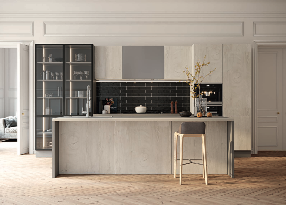 Кухонная мебель в стиле ретро минимализм угловая встраиваемая с древесным фасадом от производителя СИНКРО ДЕЛАЙТ