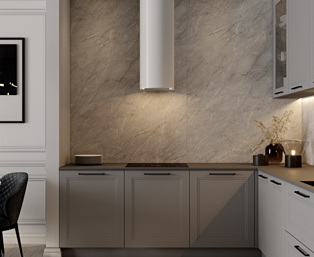 Кухня встроенная П-образная минимализм на заказ светло-серого цвет Эйвон
