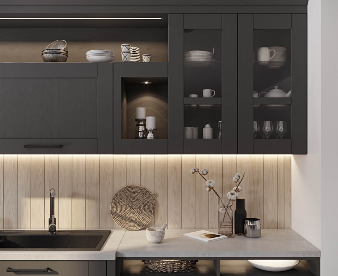 Островная черно-белая классическая кухонная мебель встраиваемая от производителя Тироль под заказ
