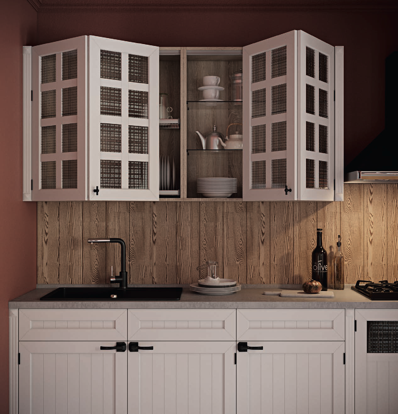 Кухонная мебель в стиле ретро лофт в белых тонах линейная под заказ Бари от производителя