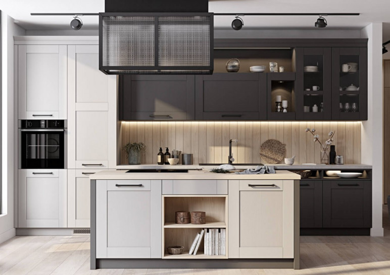 Островная черно-белая классическая кухонная мебель встраиваемая от производителя Тироль под заказ